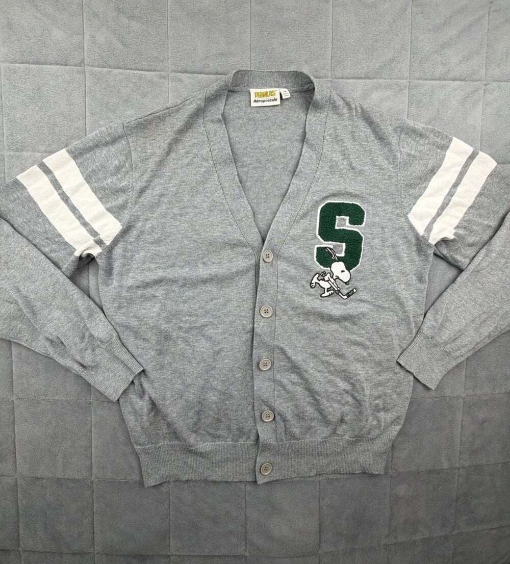 Aeropostale Peanuts Snoopy Hockey Letterman Cardigan Sweater